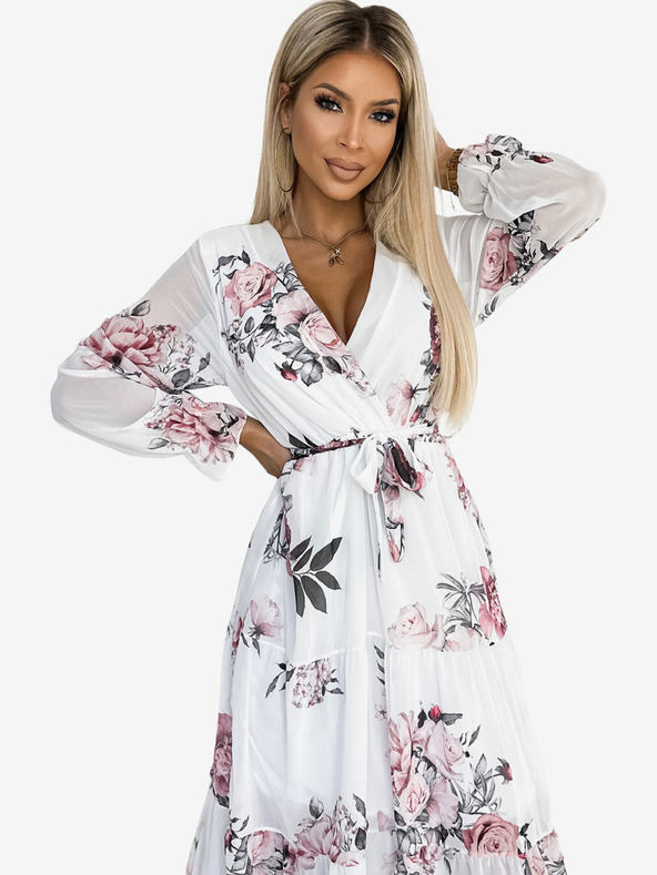 numoco Midi haljina s izrezom i remenom - bijela s ružama Numoco VALENTINA