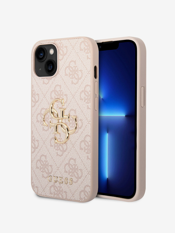 Guess PU 4G Metal Logo Zadní Kryt pro iPhone 15 Pink Etui za telefon