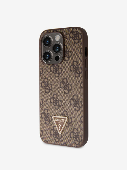 Guess Stražnja maska ​​Guess PU 4G Strass Trokut s metalnim logotipom za iPhone 15 Pro smeđa