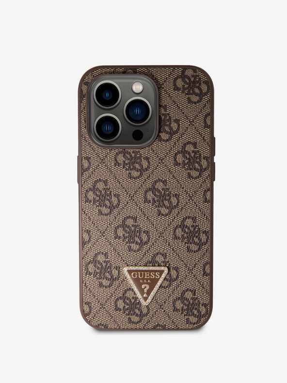 Guess Stražnja maska ​​Guess PU 4G Strass Trokut s metalnim logotipom za iPhone 15 Pro smeđa