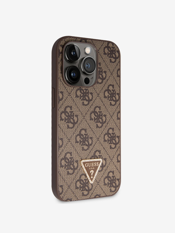 Guess Stražnja maska ​​Guess PU 4G Strass Trokut s metalnim logotipom za iPhone 15 Pro smeđa