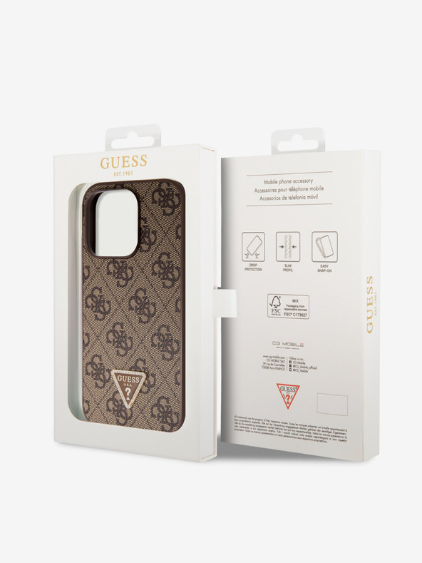 Guess Stražnja maska ​​Guess PU 4G Strass Trokut s metalnim logotipom za iPhone 15 Pro smeđa