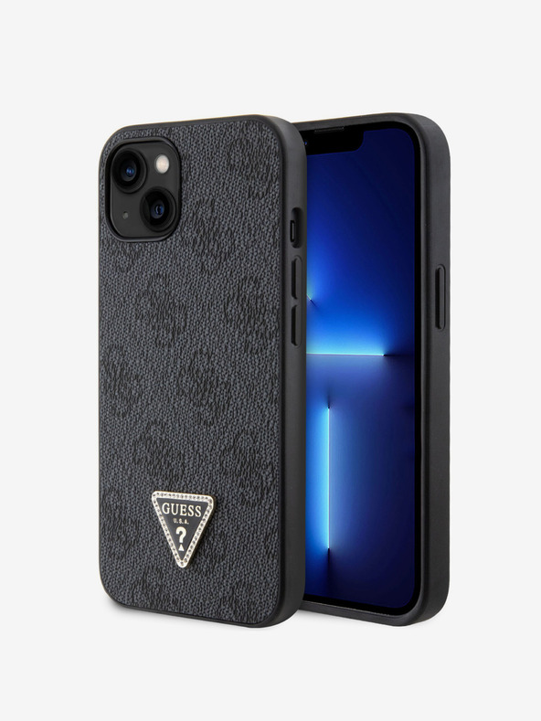 Guess Guess PU 4G stražnja maska ​​s metalnim logotipom od strass trokuta za iPhone 15 crna