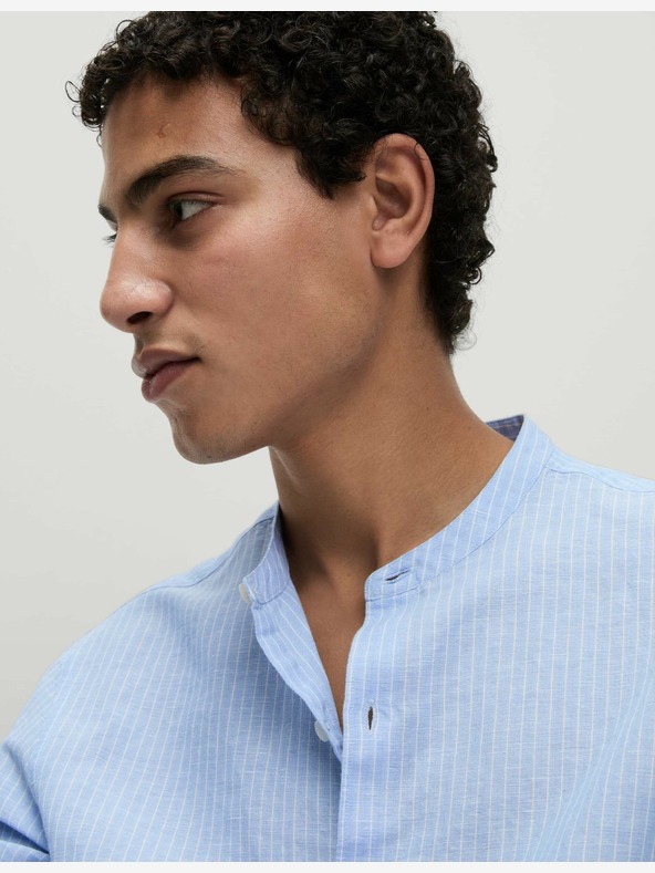 Marks & Spencer Marks & Spencer plava visoka lanena prugasta košulja bez ovratnika