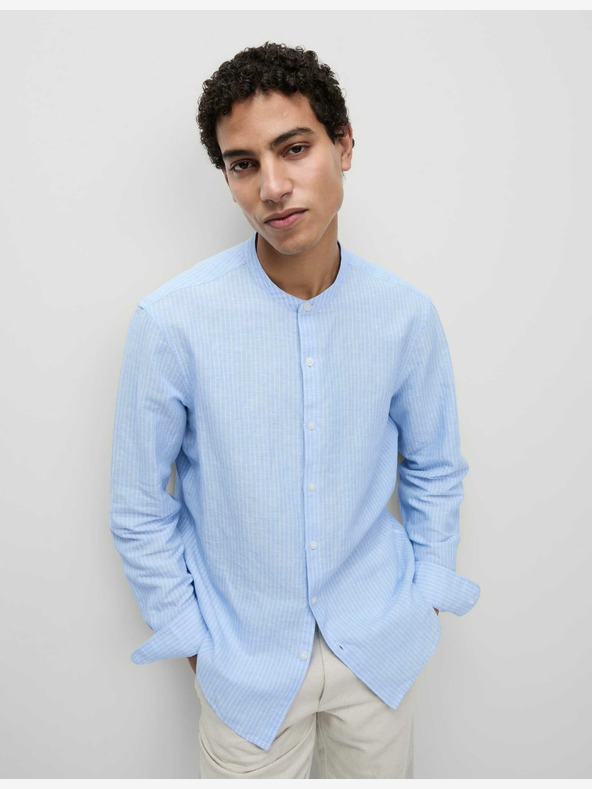 Marks & Spencer Marks & Spencer plava visoka lanena prugasta košulja bez ovratnika