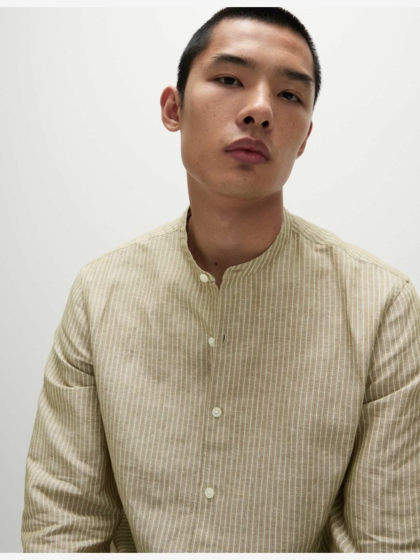 Marks & Spencer Visoka lanena prugasta košulja bez ovratnika Marks & Spencer u bež boji