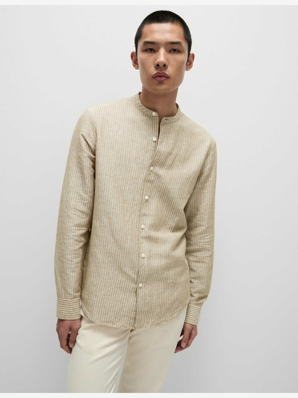 Marks & Spencer Visoka lanena prugasta košulja bez ovratnika Marks & Spencer u bež boji