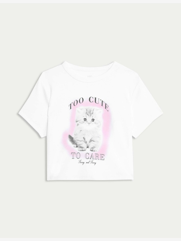 Marks & Spencer Marks & Spencer visoka pamučna majica s printom mačaka (2-16 godina) bijela