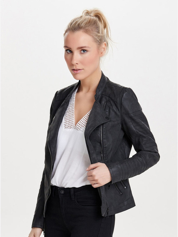 ONLY Crna kožna biciklistička jakna s džepovima SAMO Biker