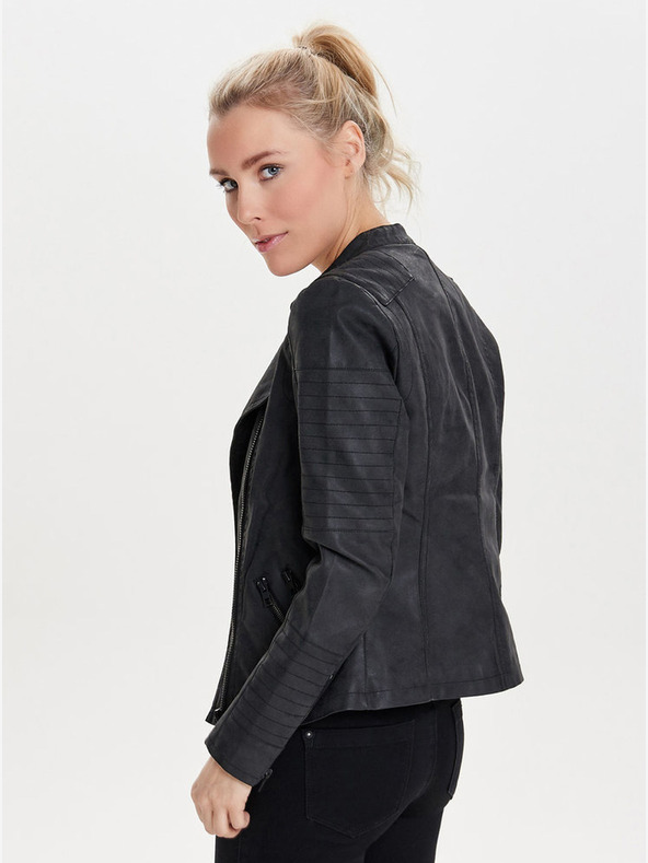 ONLY Crna kožna biciklistička jakna s džepovima SAMO Biker