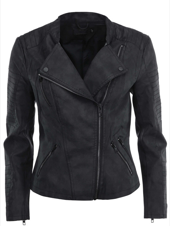 ONLY Crna kožna biciklistička jakna s džepovima SAMO Biker