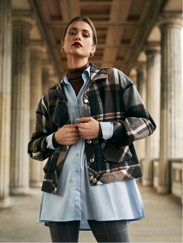 Moodo Ženska sivo-smeđa kockasta jakna Moodo