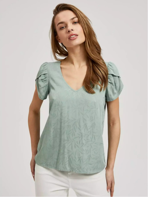 Moodo Moodo zelena majica kratkih rukava s V-izrezom i rukavima s volanima
