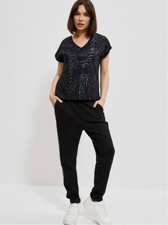 Moodo Crna ženska majica kratkih rukava sa sjajnim Moodo printom