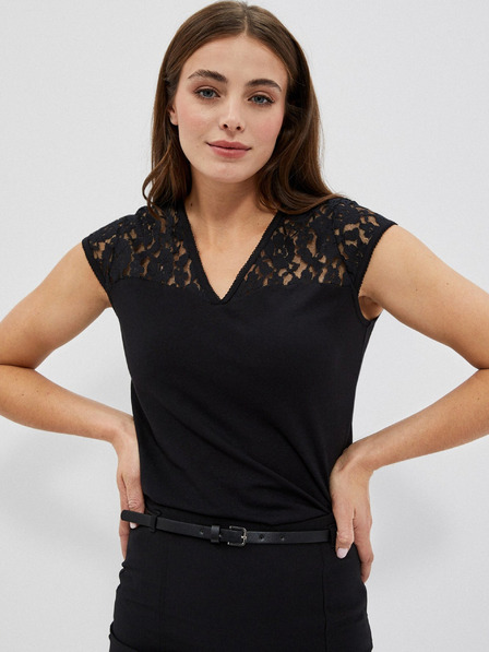 Moodo Crna majica s V izrezom i čipkom Moodo