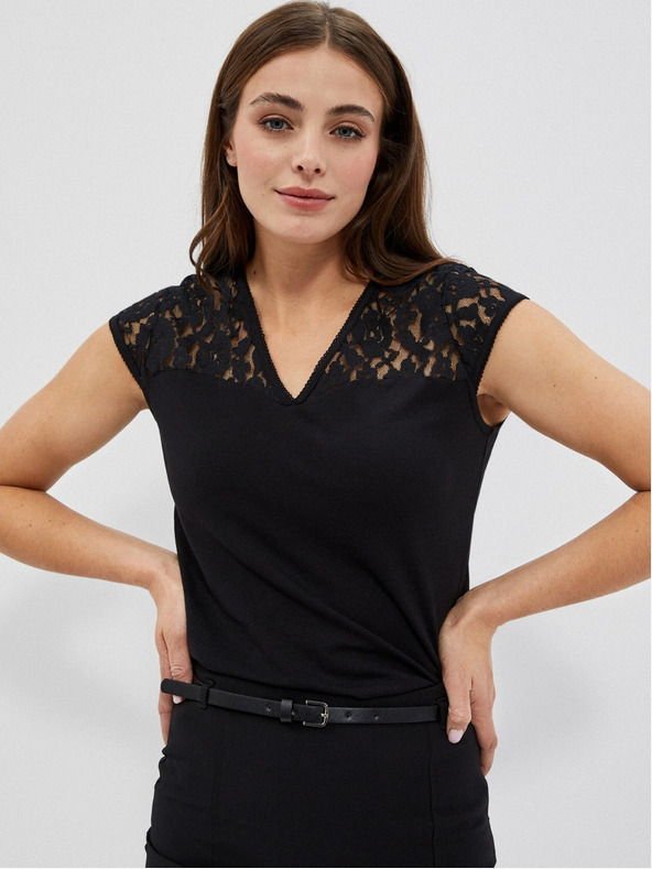 Moodo Crna majica s V izrezom i čipkom Moodo