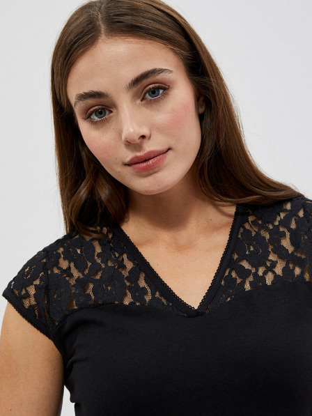 Moodo Crna majica s V izrezom i čipkom Moodo