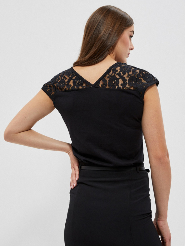 Moodo Crna majica s V izrezom i čipkom Moodo