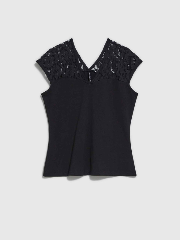 Moodo Crna majica s V izrezom i čipkom Moodo