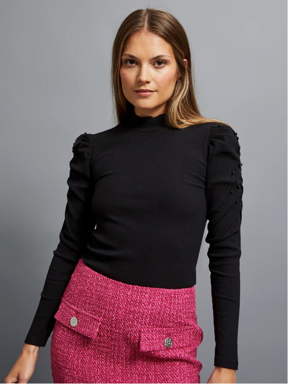 Moodo Crna ženska rebrasta bluza s rukavima na volane i dolčevitom marke Moodo