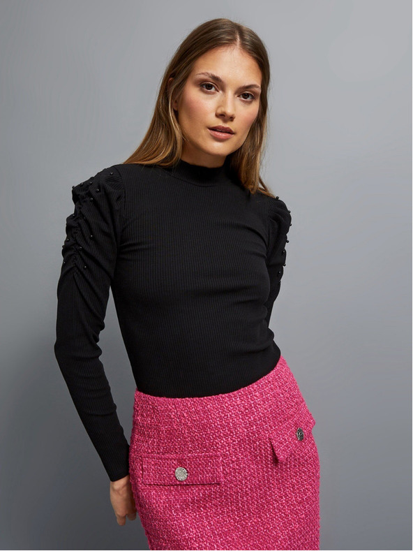 Moodo Crna ženska rebrasta bluza s rukavima na volane i dolčevitom marke Moodo