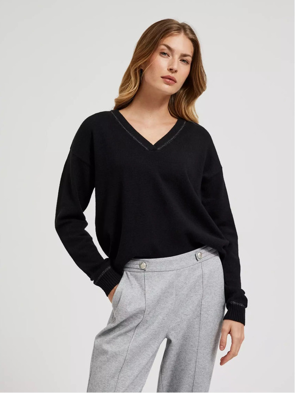 Moodo Moodo crni pulover s V-izrezom i dugim rukavima