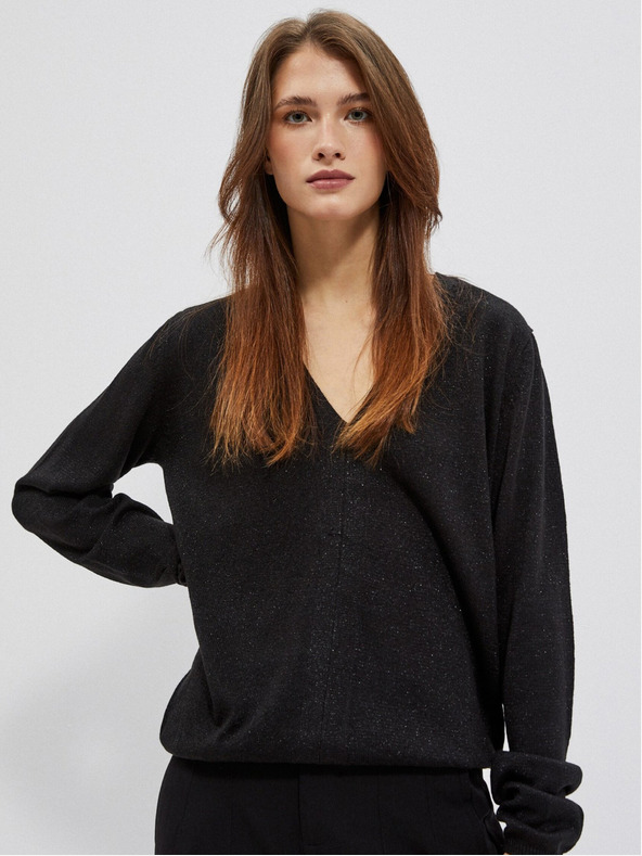 Moodo Crni ženski pulover Moodo s V izrezom