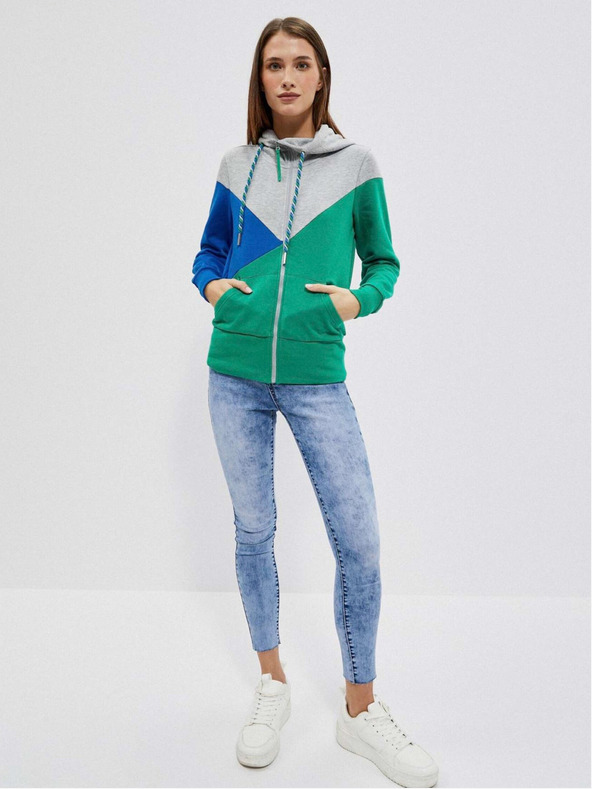 Moodo Moodo sivo-zelena ženska majica s kapuljačom na patentni zatvarač