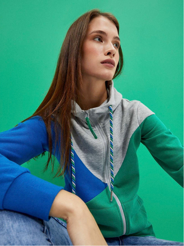 Moodo Moodo sivo-zelena ženska majica s kapuljačom na patentni zatvarač