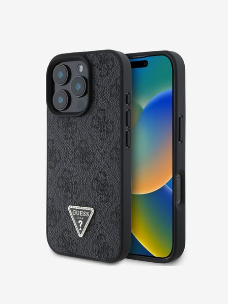 Guess PU 4G Strass Triangle Metal Logo Zadní Kryt pro iPhone 16 Pro Black Etui za telefon