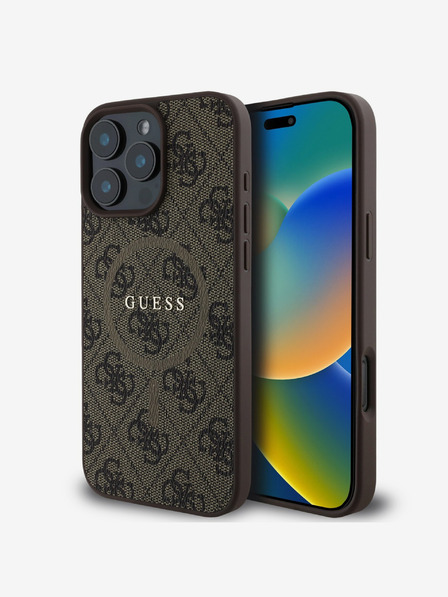 Guess Guess PU kožni 4G prsten u boji MagSafe stražnja maska ​​za iPhone 16 Pro Max smeđa