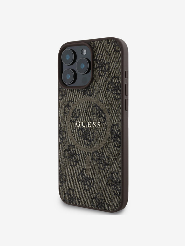 Guess Guess PU kožni 4G prsten u boji MagSafe stražnja maska ​​za iPhone 16 Pro Max smeđa