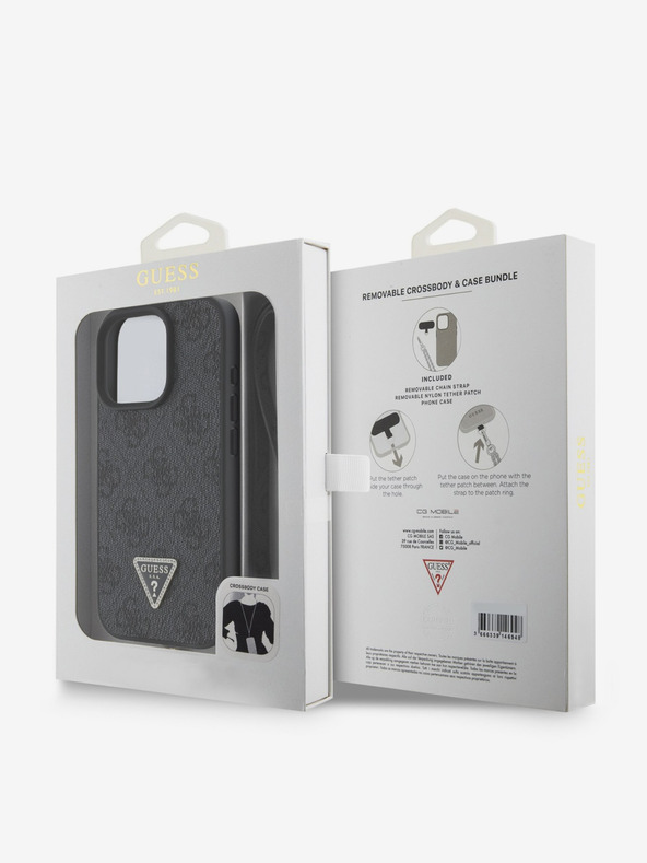 Guess Stražnja maska ​​Guess PU 4G Strass Trokut s metalnim logotipom + remen preko ramena za iPhone 16 Pro crna