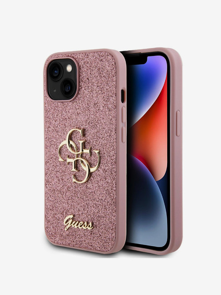Guess PU Fixed Glitter 4G Metal Logo Zadní Kryt pro iPhone 15 Pink Etui za telefon