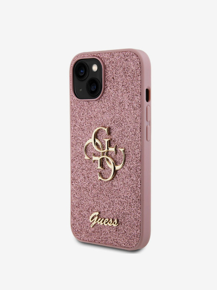 Guess PU Fixed Glitter 4G Metal Logo Zadní Kryt pro iPhone 15 Pink Etui za telefon