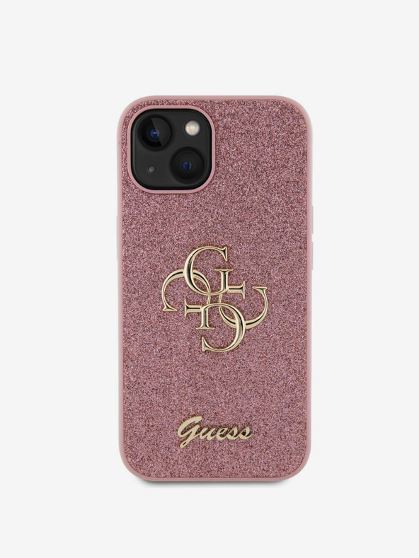 Guess PU Fixed Glitter 4G Metal Logo Zadní Kryt pro iPhone 15 Pink Etui za telefon