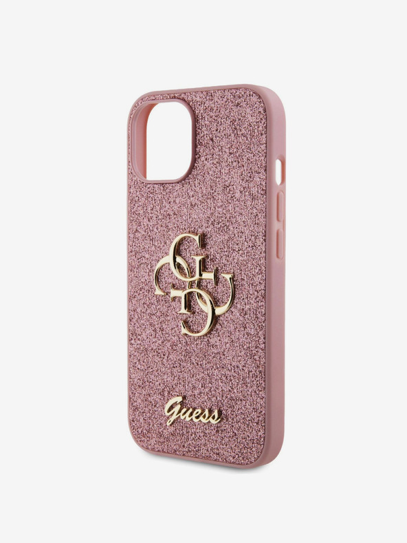 Guess PU Fixed Glitter 4G Metal Logo Zadní Kryt pro iPhone 15 Pink Etui za telefon