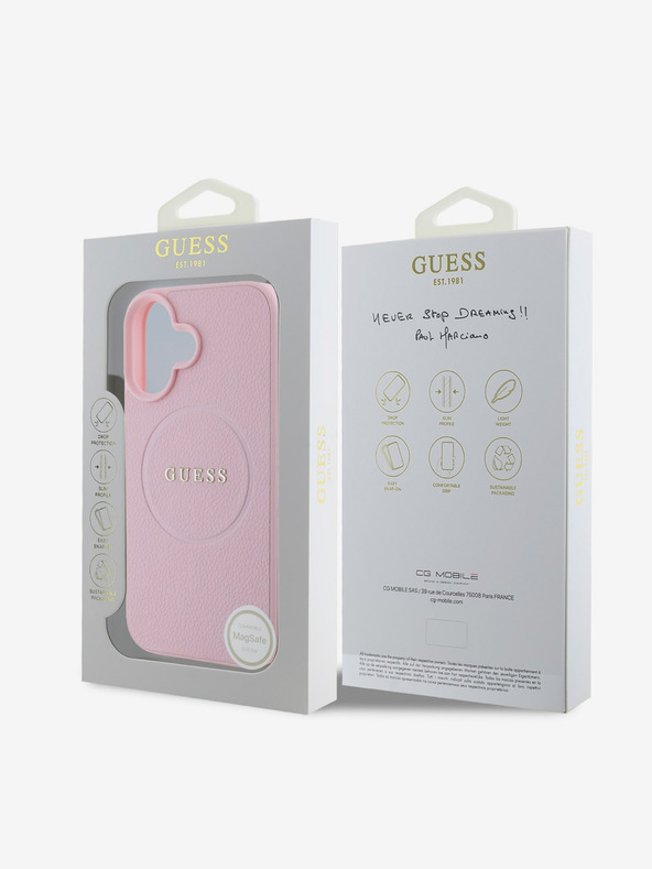 Guess Guess PU zrnati klasični logotip MagSafe stražnja maska ​​za iPhone 16 ružičasta