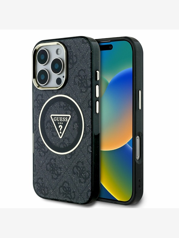 Guess Guess IML 4G svjetlucavi i trokutasti logotip MagSafe stražnja maska ​​za iPhone 16 Pro Max crna