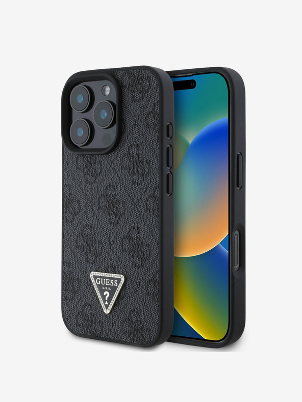 Guess Stražnja maska ​​Guess PU 4G Strass Trokut s metalnim logotipom za iPhone 16 Pro Max crna