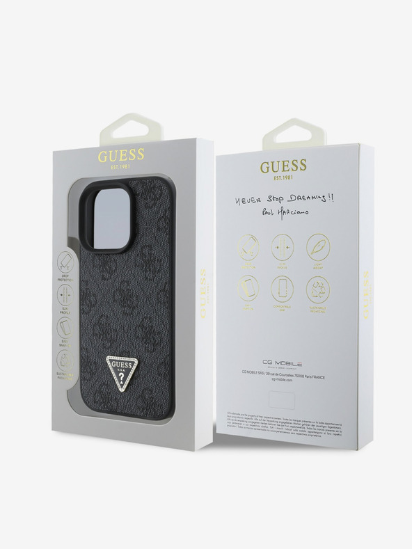 Guess Stražnja maska ​​Guess PU 4G Strass Trokut s metalnim logotipom za iPhone 16 Pro Max crna