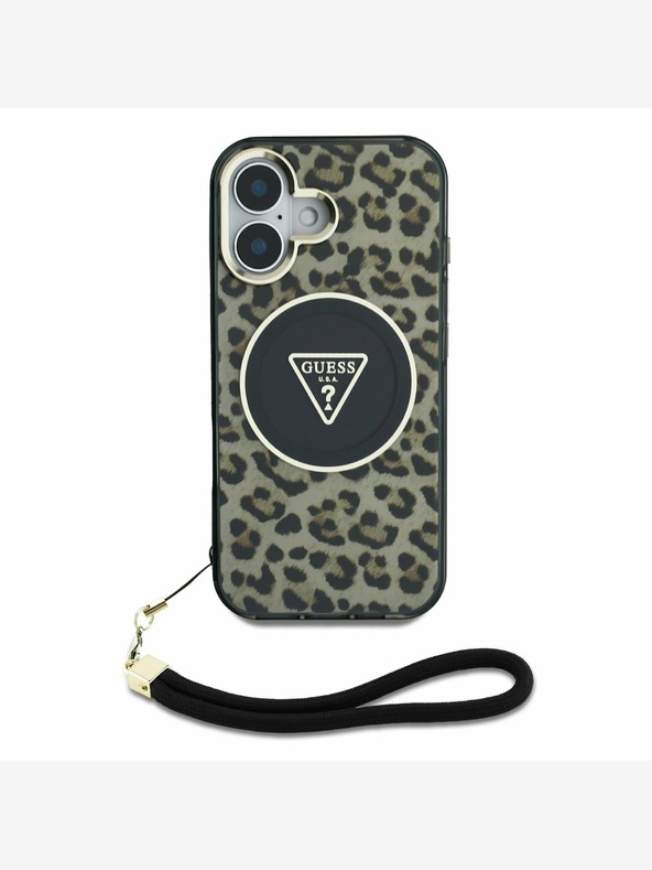 Guess Guess IML Leopard Trokut Logo Strap MagSafe stražnja maska ​​za iPhone 16 smeđa