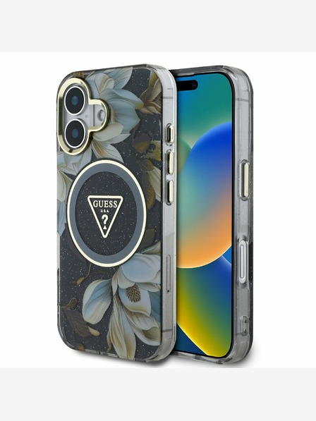 Guess Guess IML svjetlucava magnolija i logotip trokuta MagSafe stražnja maska ​​za iPhone 16 crna