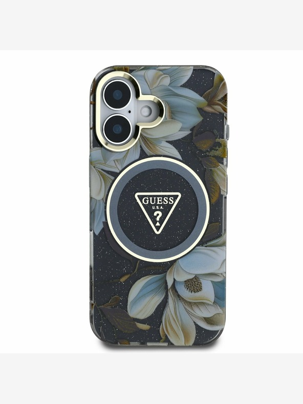 Guess Guess IML svjetlucava magnolija i logotip trokuta MagSafe stražnja maska ​​za iPhone 16 crna