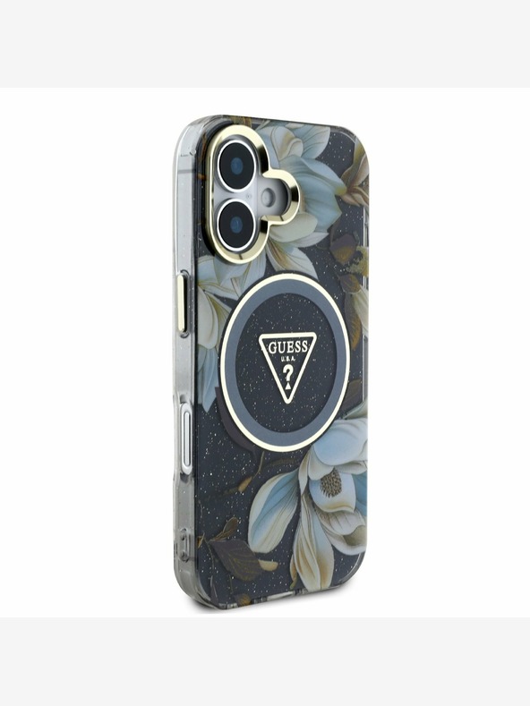 Guess Guess IML svjetlucava magnolija i logotip trokuta MagSafe stražnja maska ​​za iPhone 16 crna