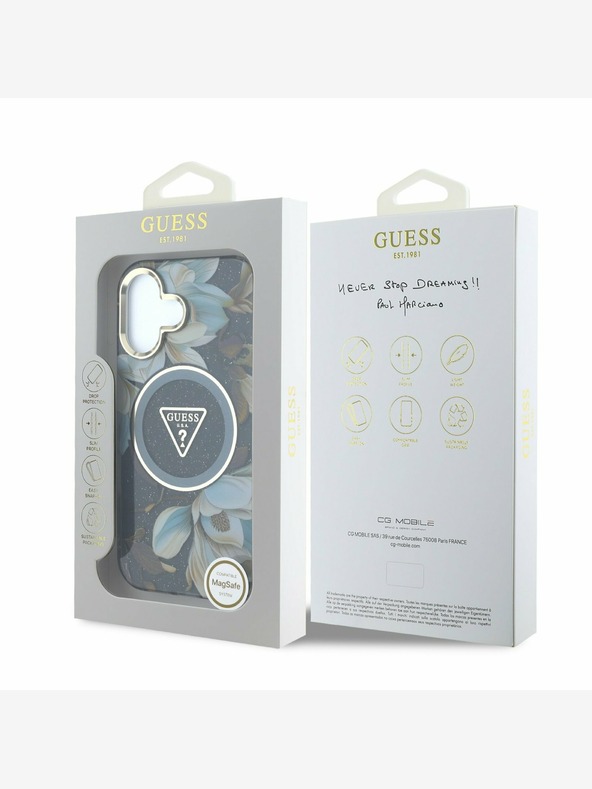Guess Guess IML svjetlucava magnolija i logotip trokuta MagSafe stražnja maska ​​za iPhone 16 crna