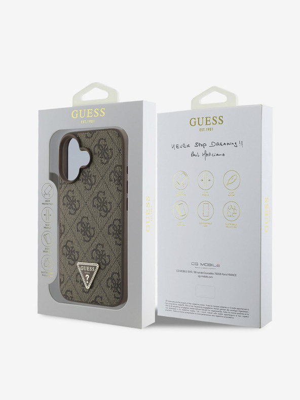 Guess Stražnja maska ​​Guess PU 4G Strass Trokut s metalnim logotipom za iPhone 16 smeđa