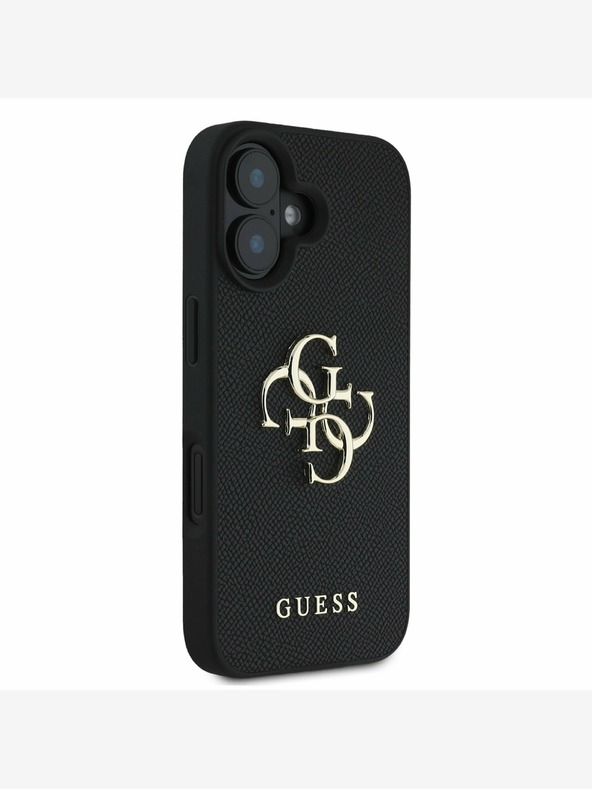 Guess Guess PU zrnati 4G metalni stražnji poklopac s logotipom za iPhone 16 crni