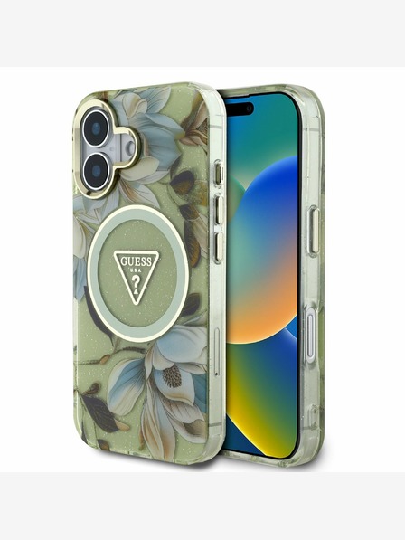 Guess Guess IML svjetlucava magnolija i logotip trokuta MagSafe stražnja maska ​​za iPhone 16 zelena