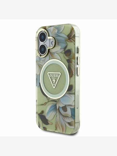 Guess Guess IML svjetlucava magnolija i logotip trokuta MagSafe stražnja maska ​​za iPhone 16 zelena